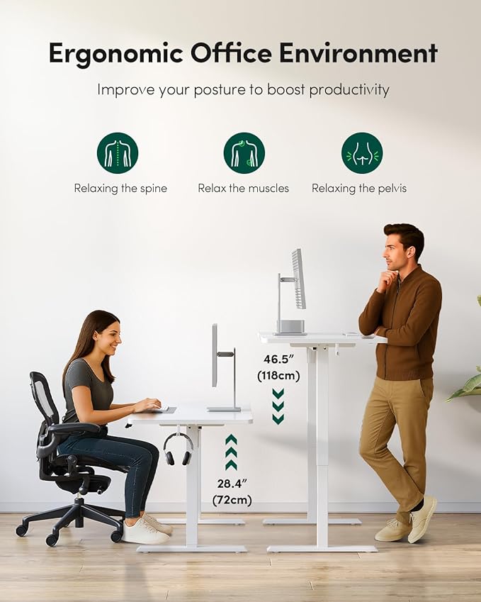 FEZIBO One-Piece Standing Desk Adjustable Height Stand up Home Office Desk, 48x24 Inch Electric Standing Computer Desk, with 4 Memory Presets, Headphone Hook, White