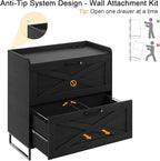 Lateral File Cabinet with Charging Station, 2 Drawer File Cabinet for Letter/Legal/A4 Size Hanging Files, Large Wood File Storage Cabinets Printer Stand for Home Office, Black