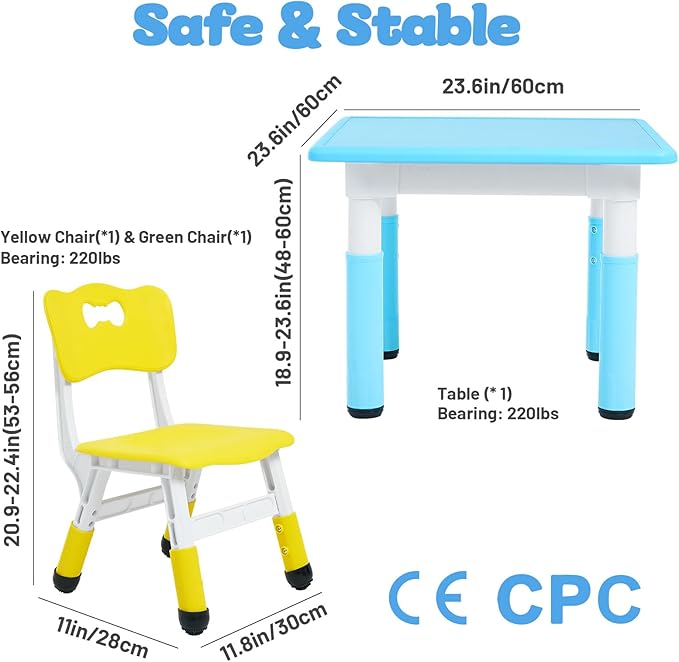 FUNLIO Kids Table and 2 Chairs Set, Height Adjustable Toddler Table and Chair Set for Ages 3-8, Easy to Wipe Arts & Crafts Table, for Classrooms/Daycares/Homes, CPC & CE Approved, Multi-Color