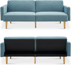 mopio 76.4" Futon Sofa Bed, Couch, Loveseat, Sleeper Sofa, Mid Century Modern Futon Couch, Sofa Cama, Couches for Living Room (Sky Blue Premium Velvet)