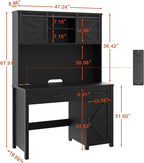 Vabches Farmhouse 47" Executive Desk, Computer Desk with 2 Drawers, Storage Cabinet and LED Light,Charging Hub, Home Office Desk with Hutch, Workstation for Home Office and Study(Pure Black