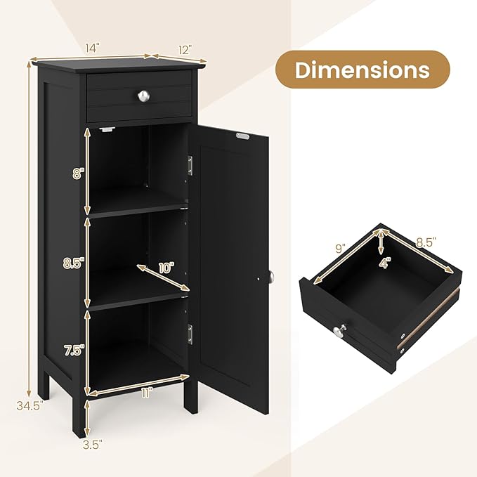 LOKO Bathroom Floor Cabinet, Modern Single Door Storage Cabinet with Drawer & Adjustable Shelves, Corner Narrow Storage Organizer for Living Room, Entryway (Black)