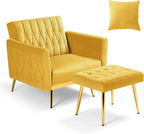 Velvet Accent Chair w/Adjustable Armrests and Backrest, Button Tufted Lounge Chair, Single Recliner Armchair with Ottoman and Pillow for Living Room, Bedroom,Yellow