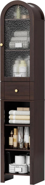 70" Tall Bathroom Storage Cabinet with Acrylic Door，Narrow Storage Cabinet with Drawer Adjustable Shelves, Modern Arched Design Bathroom Cabinet for Bathroom, Living Room, Kitchen, Espresso