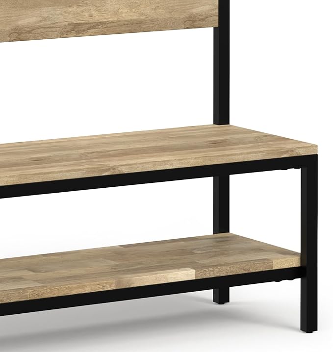SIMPLIHOME Westmont Hall Tree Bench - 40 inch Wide Solid Mango Wood Entryway Seat in Natural, Industrial Bench for Entryway or Hallway with Metal Frame, Coat Hooks and Open Shelf