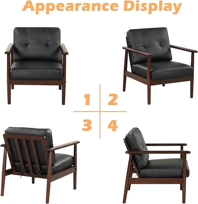 STHOUYN Mid Century Modern Chair, PU Leather Accent Chair Set of 2 with Wood Arms, Living Room Chairs, Reading Armchair for Bedroom, Waiting Room, Office