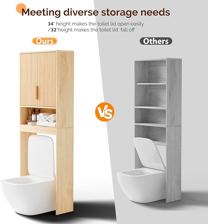 VINGLI Fluted Over The Toilet Storage Cabinet, Modern Behind Toilet Cabinet Bathroom Organizer with 2 Fluted Doors,Wood Storage Organizer Freestanding with Adjustable Shelf for Bathroom,Natural Oak