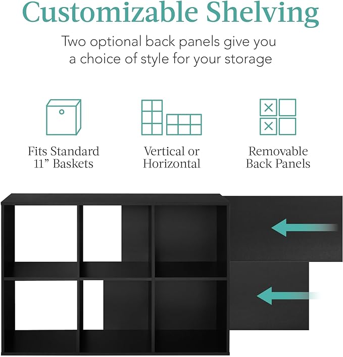Best Choice Products 6-Cube Storage Organizer, 11in Shelf Opening, Bookcase, Display Shelf, Customizable w/ 3 Removable Back Panels – Black