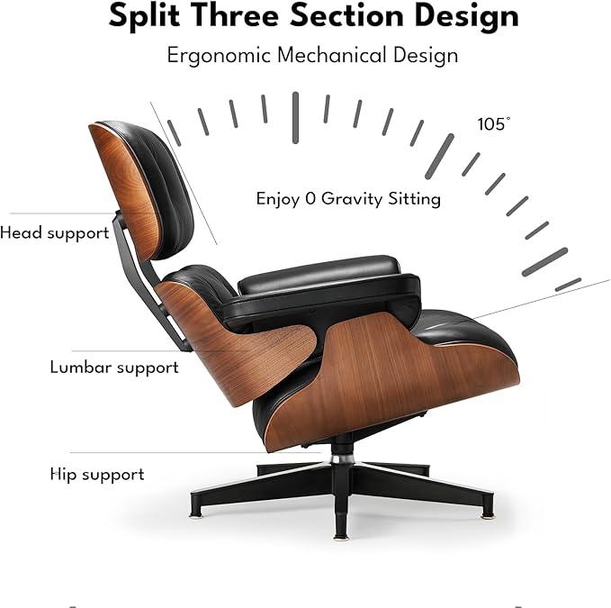 Top Black Grain Leather, Mid Century Chaise Lounge Chair and Ottoman, Modern Chair Classic Design, Heavy Duty Base Support for Living Room Study Lounge Office, Walnut