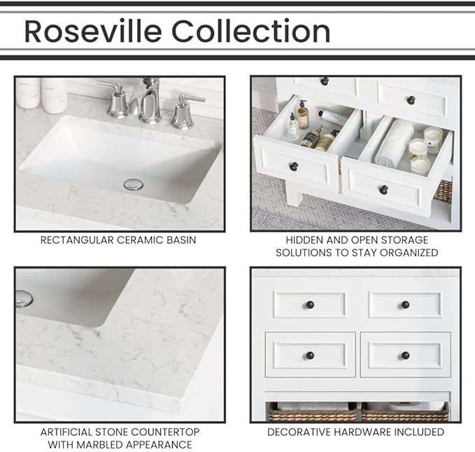 Hanover Roseville 31'' Vanity Cabinet with Sink Combo for Bathroom, Powder Room | Pre-Assembled Cabinet | 2 Drawers, Bottom Shelf | Artificial Stone Countertop | White Cabinet | HANVN0108-31-1WH
