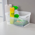 Sterilite 7 x 11 x 14.25 Inch Polished Open Scoop Front Storage Bin with Comfortable Carry Through Handles for Household Organization, Clear (18 Pack)