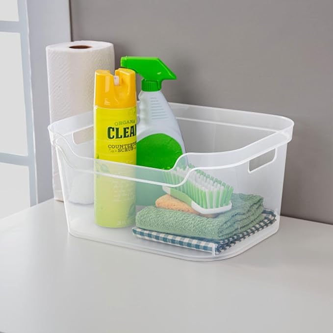 Sterilite 7 x 11 x 14.25 Inch Polished Open Scoop Front Storage Bin with Comfortable Carry Through Handles for Household Organization, Clear (18 Pack)