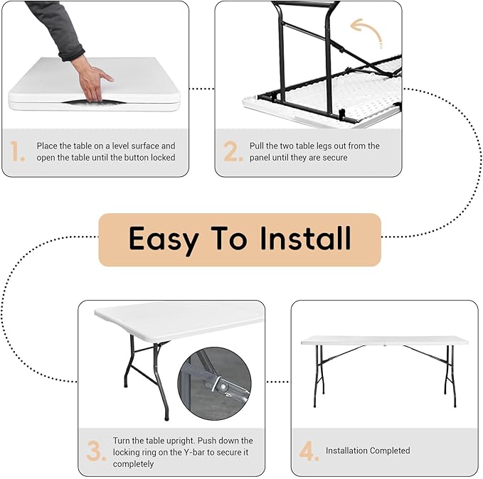 Folding Table 6FT HDPE 6 Foot Foldable Table Portable Banquet Surface Fold-in-Half Desk Utility for Working Meeting Parties, Picnic, Camping, Weddings, Catering, Garden Dining-White