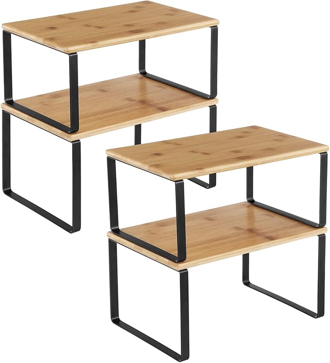 SONGMICS Cabinet Organizer Shelf, Set of 4 Kitchen Counter Shelves, Kitchen Storage, Spice Rack, Stackable, Expandable, Metal and Engineered Wood, Ink Black and Natural Beige UKCS10NB