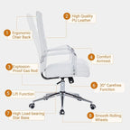 Sidanli Ergonomic Desk Chairs, Executive Swivel Faux Leather High Back Chair with Comfortable Lumbar Support and Smooth Rolling Wheels for Office, White