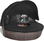COSTWAY Patio Round Daybed with Retractable Canopy, Wicker Furniture Sectional Couch with Separate Cushioned Seats, Adjustable Table Top, Patio Rattan Daybed Sofa for Backyard, Poolside, Black