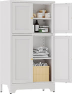White Bathroom Floor Cabinet, Metal Storage Cabinet with 2 Adjustable Shelves & 4 Doors,Freestanding Sideboard for Dining Room,Living Room, Home Office