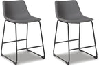 Signature Design by Ashley Centiar Modern Faux Leather 23.75" Counter Height Bucket Seat Barstool, Tubular Metal Base, Footrest for Comfort, Set of 2, Gray