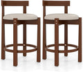 COSTWAY 24” Counter Height Bar Stools Set of 2, Linen Upholstered Bar Chairs with Backrests and Footrests, Wood High Barstools for Kitchen Island and Dining Room (Walnut)