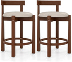 COSTWAY 24” Counter Height Bar Stools Set of 2, Linen Upholstered Bar Chairs with Backrests and Footrests, Wood High Barstools for Kitchen Island and Dining Room (Walnut)
