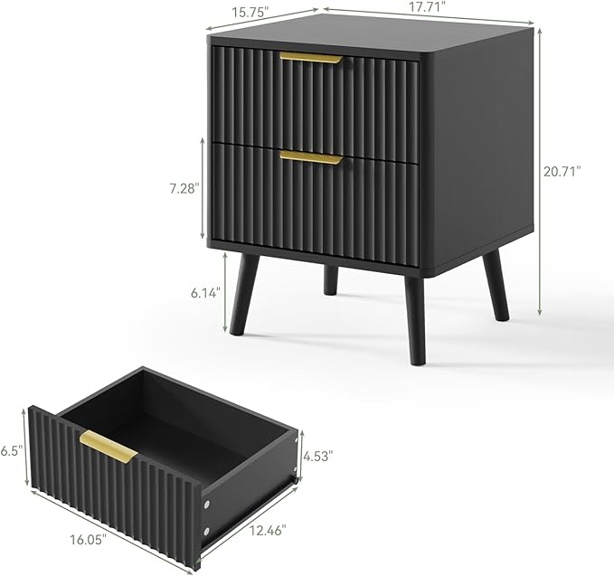 LYNSOM Fluted Dresser and Nightstand Sets 2 Piece, 2-Drawer Nightstands and 6-Drawers Dresser, Wood Bedroom Furniture Set for Home, Bedroom, Hallway, Black