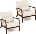 KOMFOTT Mid-Century Modern Accent Chair Set of 2, Living Room LeisureChair with Cushioned Seat & Back, Upholstered Armchair with Rubber Wood Frame & Lumbar Pillow, Lounge Chair for Bedroom, Beige