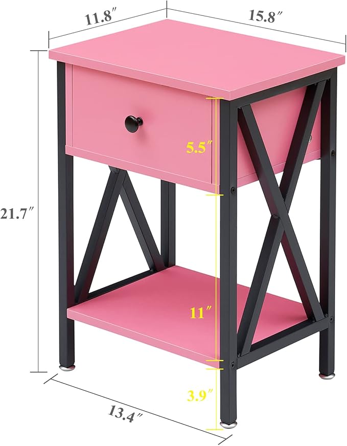 VECELO End Tables, Modern Nightstand with Drawer & Shelf, Night Stand for Bedroom Living Room,Industrial Metal Frame