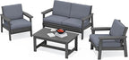 SERWALL 4 Piece HDPE Outdoor Furniture Set, All Weather Wood-Like Outdoor Sofa Sectional Couch, Grey Patio Furniture Set with Grey Cushions