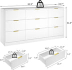 White Dresser for Bedroom with 9 Drawers, 63” Wide White Fluted Dresser Modern Chest of Drawers with Gold Handles, Wooden TV Stand Storage Organizer for Bedroom, Living Room