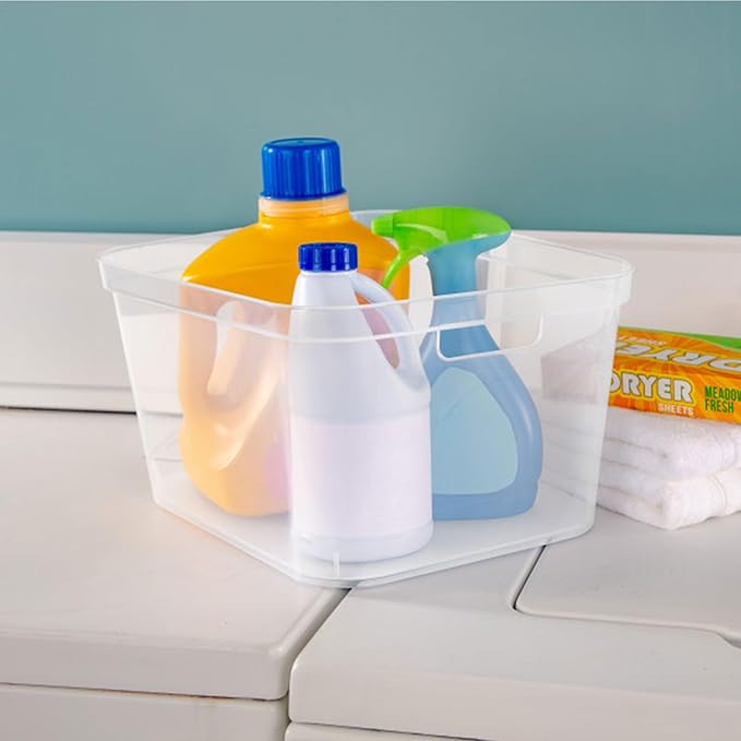Sterilite 8.25x12.25x15 Inch Modern Polished Storage Bin w/Comfortable Carry Through Handles & Banded Rim for Household Organization, Clear (24 Pack)