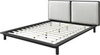 Nord Queen Size Wood Platform Bed | Box Spring Not Required | Black Frame and Cream Beige Boucle