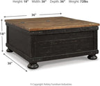 Signature Design by Ashley Valebeck Lift Top Coffee Table, Storage, Split-top Design, Wood, 36" W x 36" D x 18" H, 2-tone Distressed Brown & Black Finish