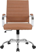 LANDSUN Home Office Chair Mid Back Desk Chair PU Leather Ribbed Executive Swivel Computer Chair with Wheels and Armrests Soft Padded Adjustable Height Conference Task Brown