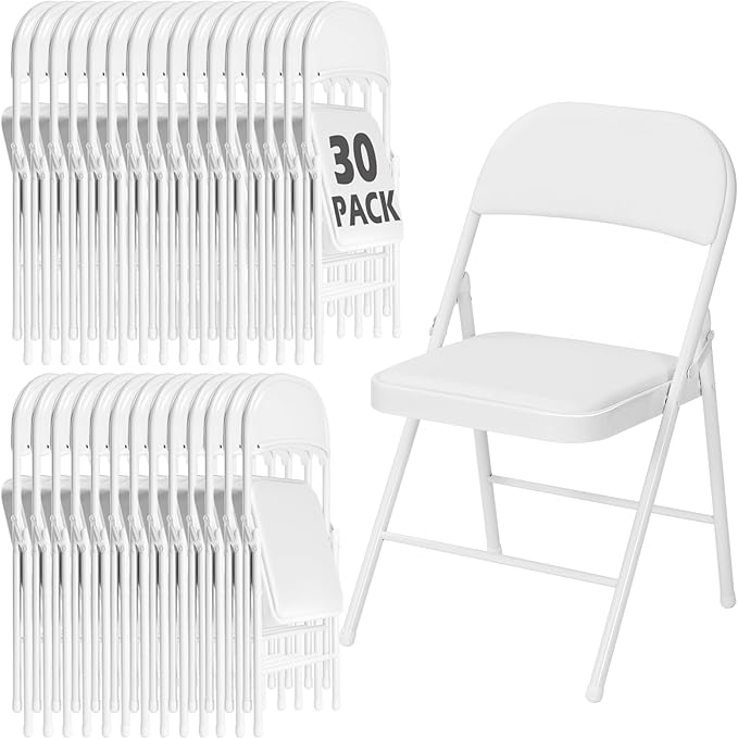 30 Pack White Folding Chairs with Padded Cushion for Outside, Portable Stackable Commercial Metal Foldable Chairs with Steel Frame for Home Events Office Wedding Party, 350lbs Capacity