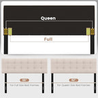 KOMFOTT Linen Upholstered Headboard for Full & Queen Size Bed Frame, Tufted Button Bed Headboard with Solid Rubber Wood Legs, Rectangular Headboard with Adjustable Width, Beige