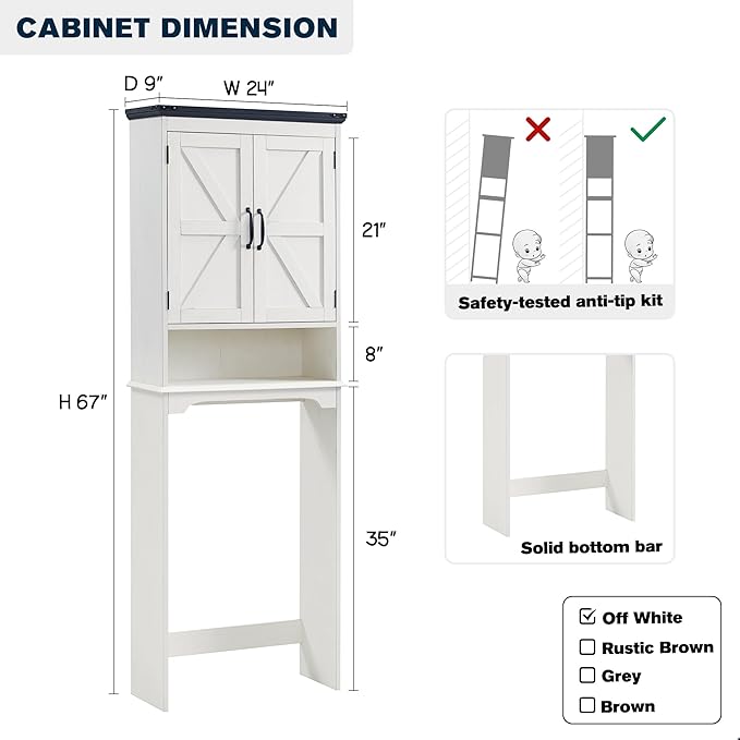 ACCOHOHO Over The Toilet Storage Cabinet, Farmhouse Bathroom Cabinet with Adjustable Shelf & Barn Door, 67" Tall Over The Toilet Shelf, Off White