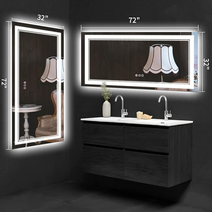 72 x 32 Inch LED Mirror for Bathroom with Front and Backlit,Large Lighted Bathrooom Mirrors for Wall,3 Colors Stepless Dimming Bathrooom Vanity Mirror LED Lights, Anti-Fog, Memory