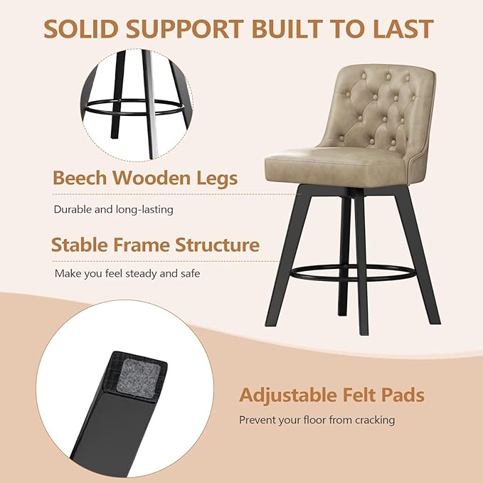 MINCETA Bar Stools Set of 4, PU Leather Barstools, 26 Inch Upholstered Counter Stools with Low Tufted Back and Footrest, Swivel Counter Height Barstools for Kitchen Island Home Bar Khaki