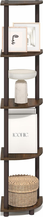 Furinno Turn-N-Tube Corner Shelf, 5-Tier Corner Bookshelf, Open Storage Shelves, for Organization and Storage, Living Room, Home Office, Garage, Bedroom, Black Walnut