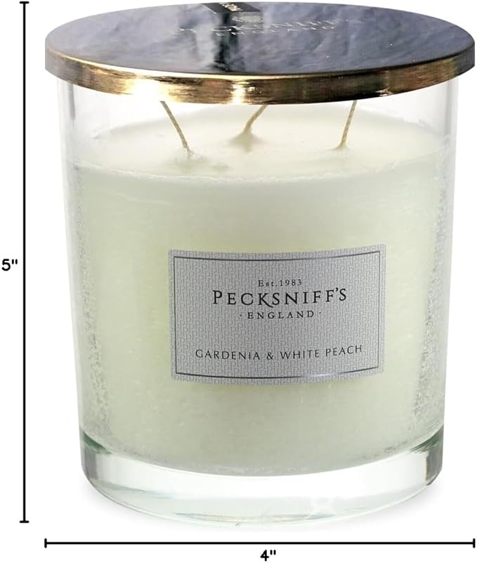 Pecksniffs Classic Gardenia & White Peach Scented Candle | 3 Wicks Luxury Candle in Elegant Glass Vessel with Metal Lid | Gardenia Scented Candles | 550g/19.4oz