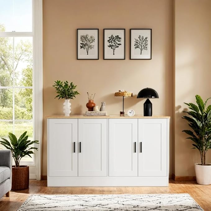 White Sideboard Buffet with 4 Doors, Accent Coffee Bar, Kitchen Cabinet for Living Room, Kitchen or Hallway