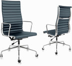 Ribbed Office Chair with Top Grain Leather - High Back Ergonomic Desk Chair with Aluminum Arm Rest and 5-Star Base, Swivel Chair Dark Blue