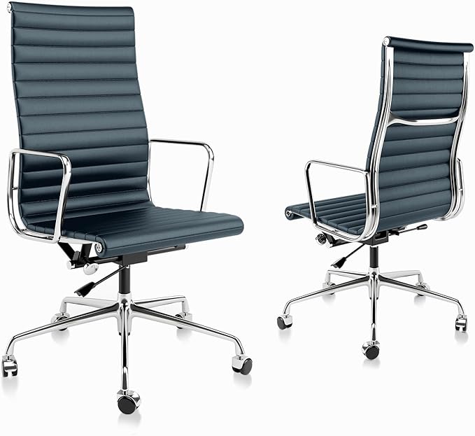Ribbed Office Chair with Top Grain Leather - High Back Ergonomic Desk Chair with Aluminum Arm Rest and 5-Star Base, Swivel Chair Dark Blue