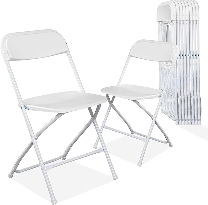 10 Pack White Plastic Folding Chairs with 350-LBS Capacity, Portable Indoor Outdoor Chairs, Stackable Commercial Seat with Steel Frame for Office, Party, Events, Wedding, Kitchen