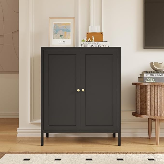 Small Storage Cabinet, Metal Modern Accent Cabinets with Doors and Shelves, Low Cabinet with high feet and Locker, Coffee Bar with Storage for Home,Office,Kitchen,Bathroom,Dining Room