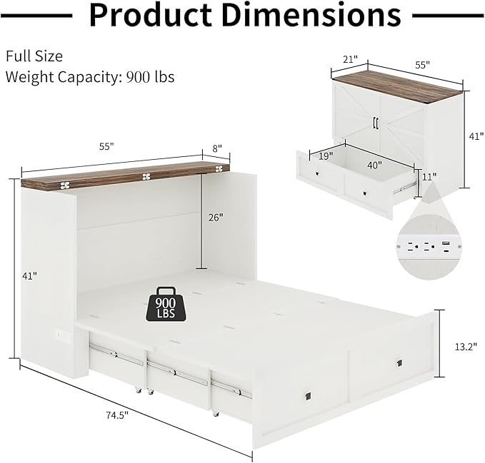 Full Size Murphy Bed with Charging Station, Cabinet Bed with Large Storage Drawer for Home Office or Small Room, Full Foldable Platform Bed, White