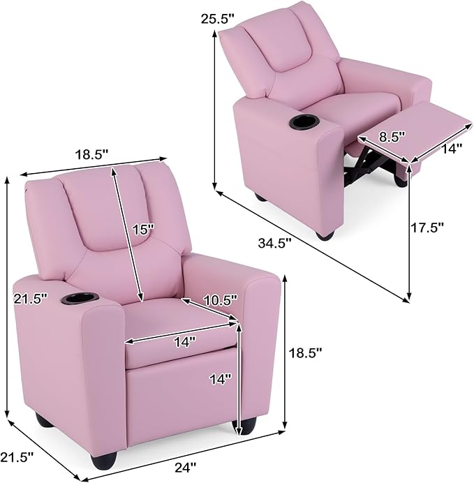 Costzon Kids Recliner Chair with Cup Holder, Toddler Room Furniture Children Armrest Sofa w/Headrest & Footrest for Girls Boys Baby Bedroom, PU Leather Couch (Pink)