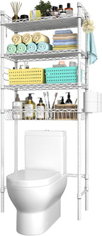 PrimeZone Over The Toilet Storage Shelf - 4 Tier Adjustable Metal Bathroom Wire Shelves Organizer with 2 Hooks, Freestanding Above Toilet Storage Rack for Bathroom Laundry, White