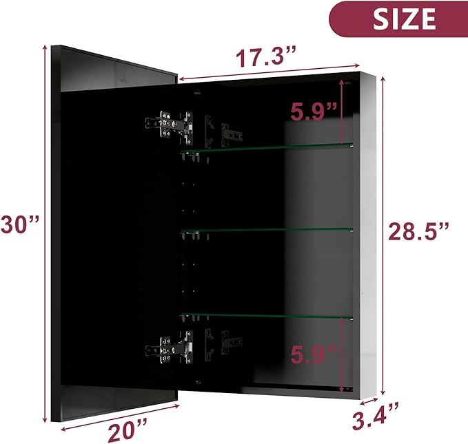 Black Medicine Cabinet Mirror, 17x30 Inch Bathroom Mirror with Storage and Adjustable Shelves, Recessed or Surface Wall Mount Medicine Cabinets for Bathroom,Tempered Glass