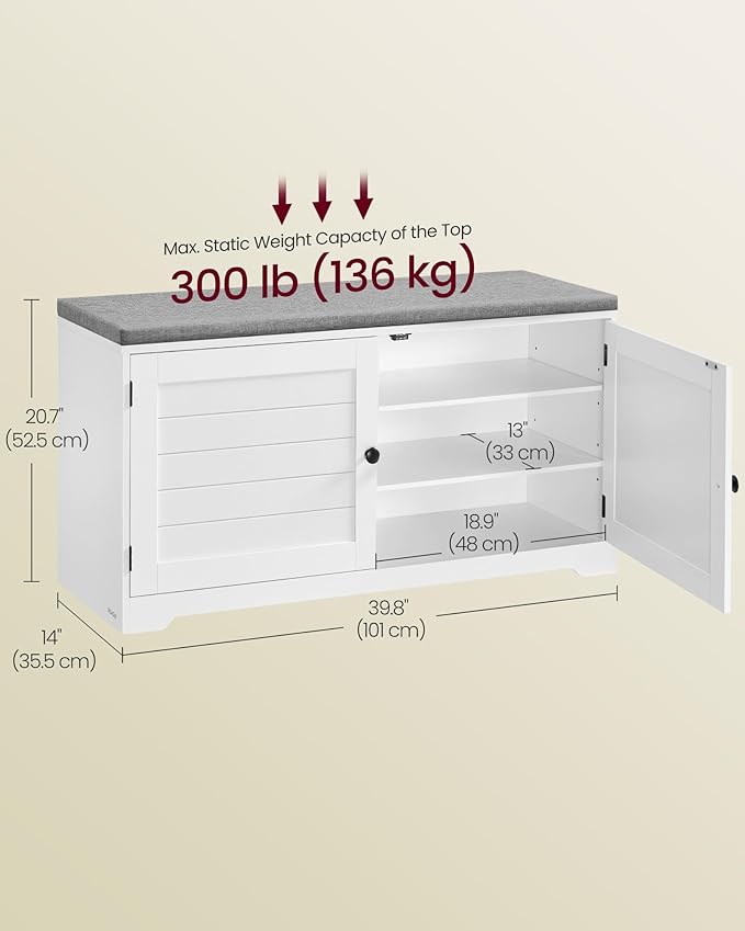 VASAGLE Shoe Storage Bench with Cushion, 3-Tier Entryway Bench with Padded Seat, Doors, Adjustable Shelves, 14 x 39.8 x 20.7 Inches, for Hallway, Bedroom, Cloud White and Dove Gray ULSB044W01